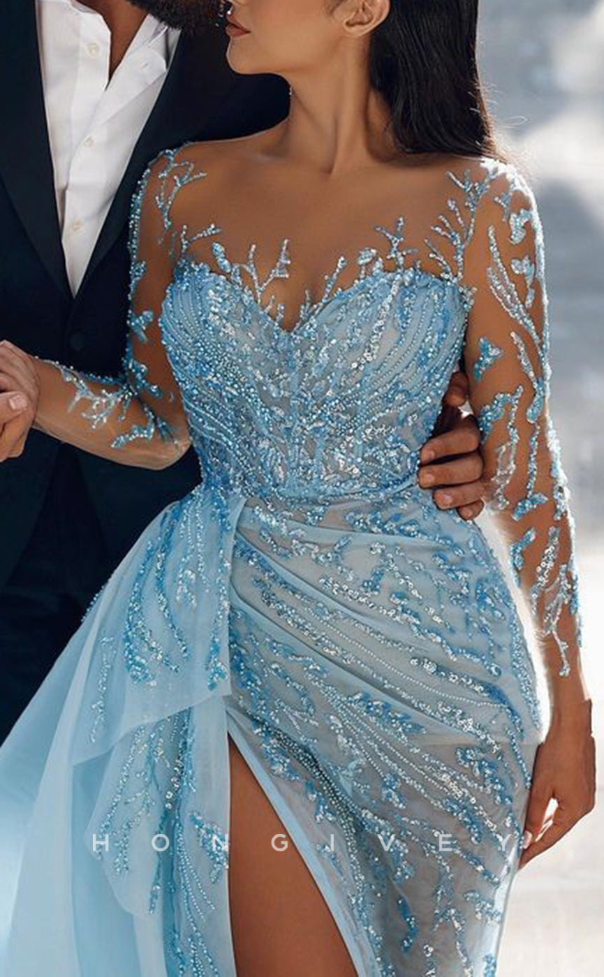 L2636 - Glamorous Glitter Scoop Long Sleeve Empire Sequined Appliques Sheer Party Prom Evening Dress - Fashionpara