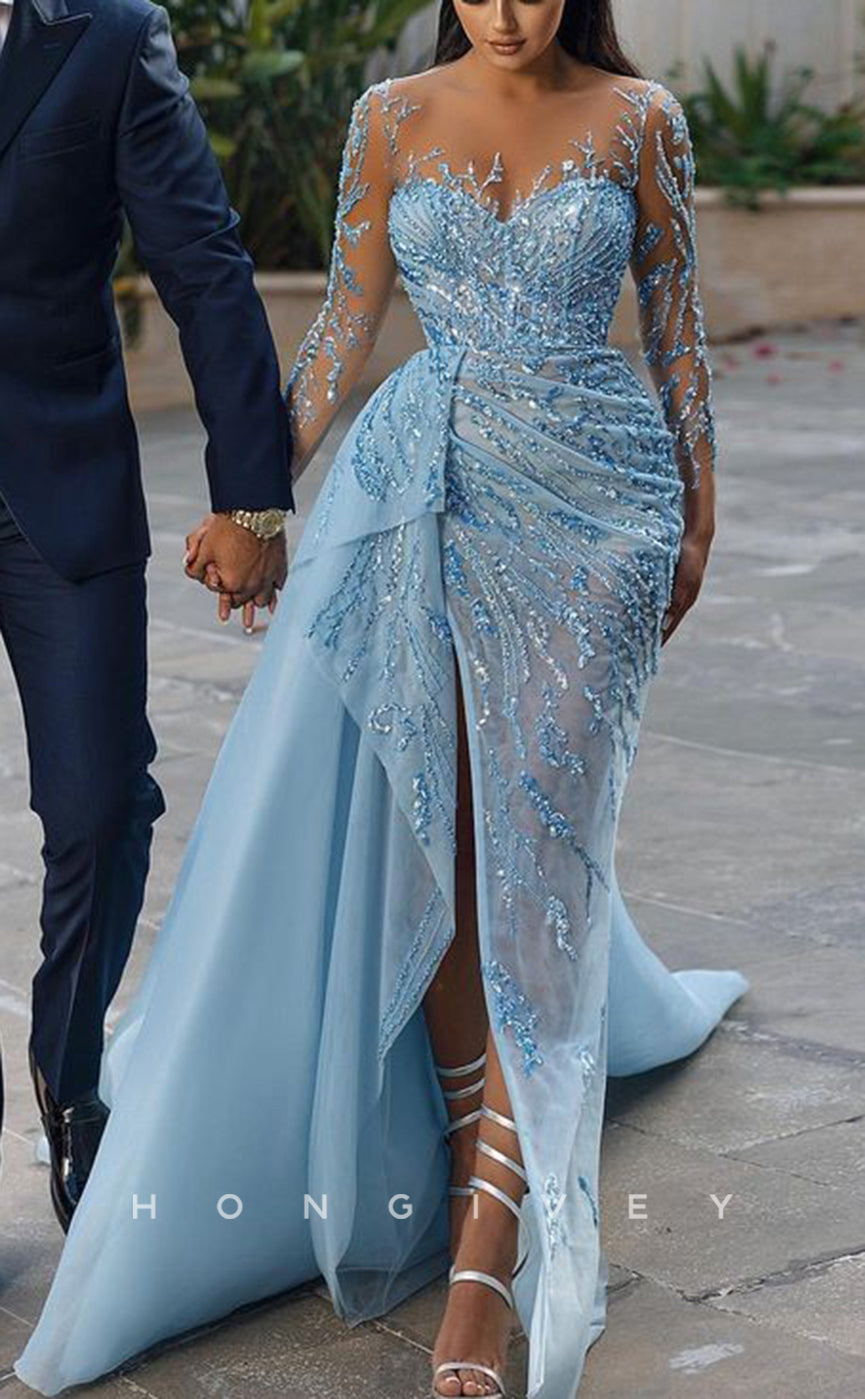 L2636 - Glamorous Glitter Scoop Long Sleeve Empire Sequined Appliques Sheer Party Prom Evening Dress - Fashionpara
