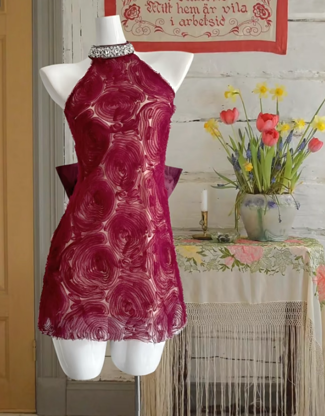 Pretty Burgundy Sleeveless Tulle Floral Sheath Short 19th Birthday Outfits Formal Homecoming Dress D649