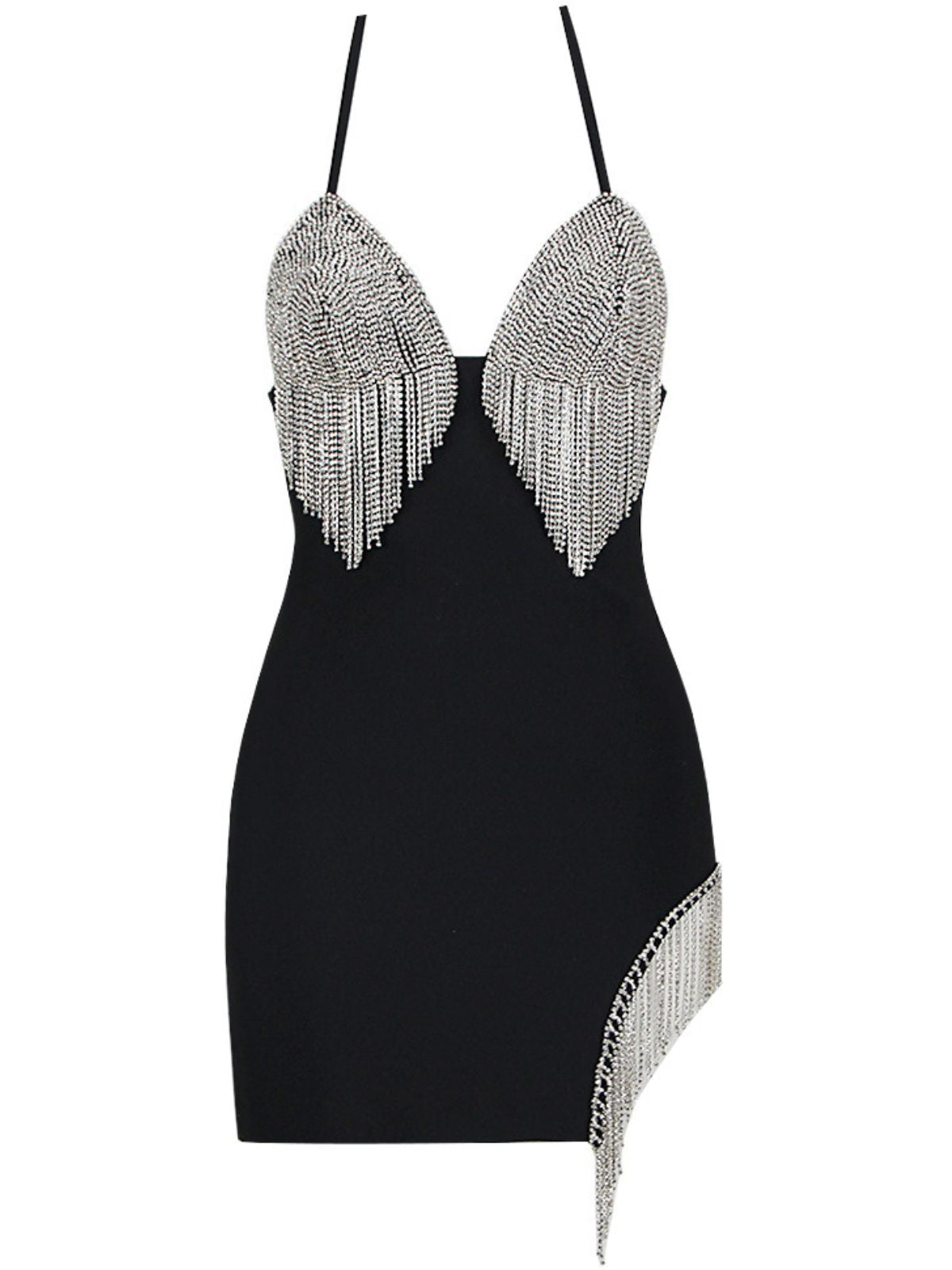 Rhinestone Fringe Halter Neck Bust Cup Asymmetric Hem Mini Dress - View 6
