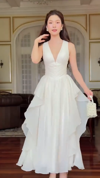 Charming V Neck Chiffon Ruffle White Long party Gown Formal Evening Dress D810