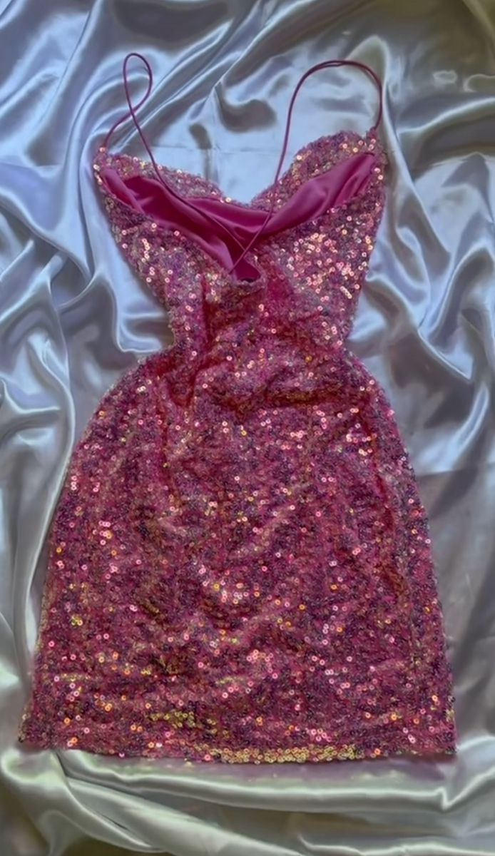 Sparkly Spaghetti Straps Pink Sequin Sheath Short Party Dress Formal 6th Grade Homecoming Dress D183