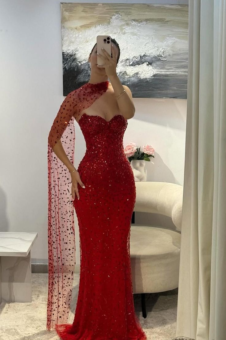 Gorgeous Red Strapless Tulle Beaded Mermaid Evening Dress Long Party Gown  D835
