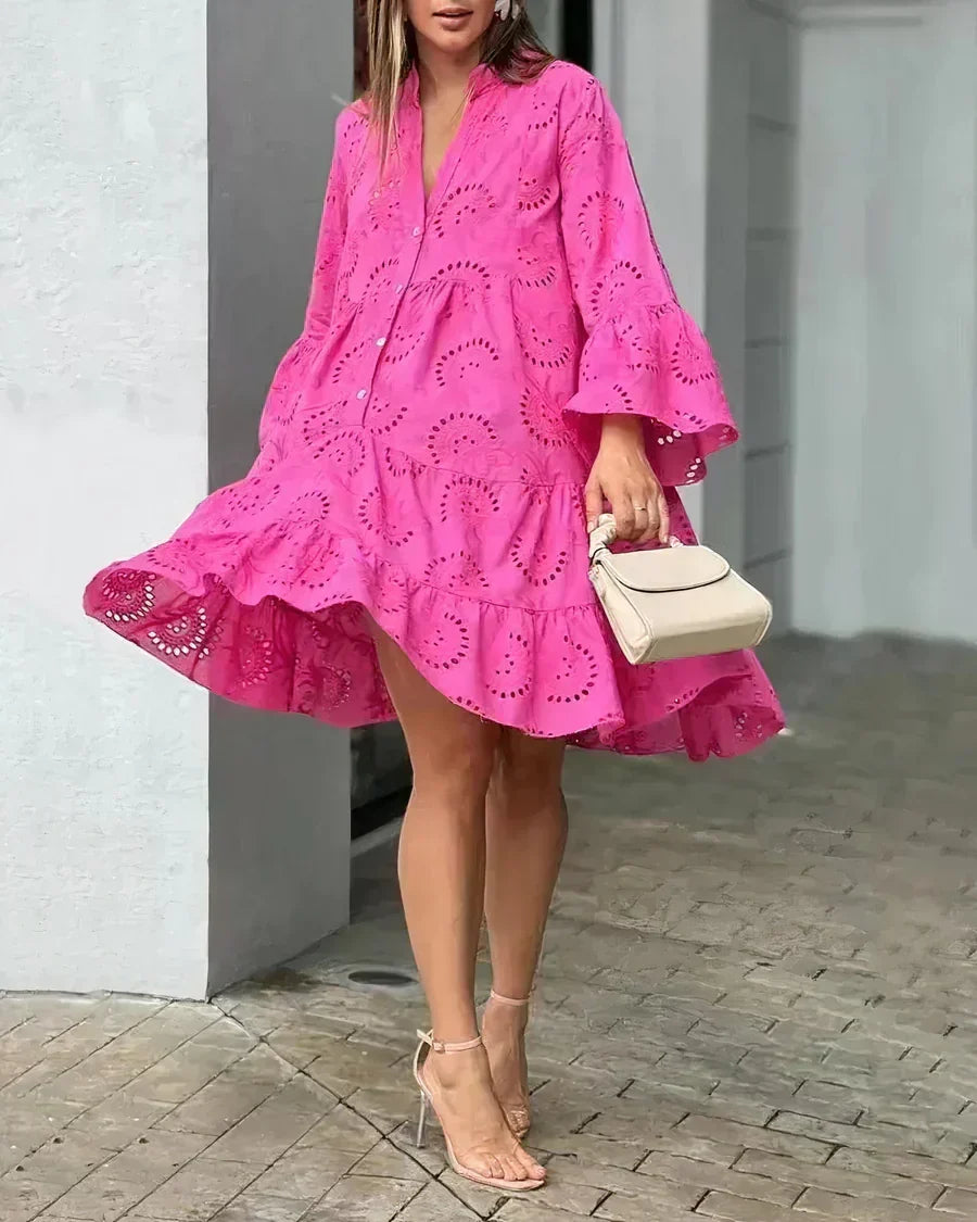 Eyelet Embroidery V-Neck Button Front Tiered Bell Sleeve Mini Dress