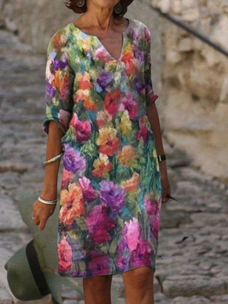 Floral Notch Neck Half Sleeve Shift Midi Dress - View 4