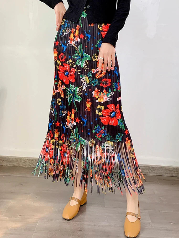 Fashion Printed Flower Tassels High Elastic Waist Skirt Black / One Size skirt-250126