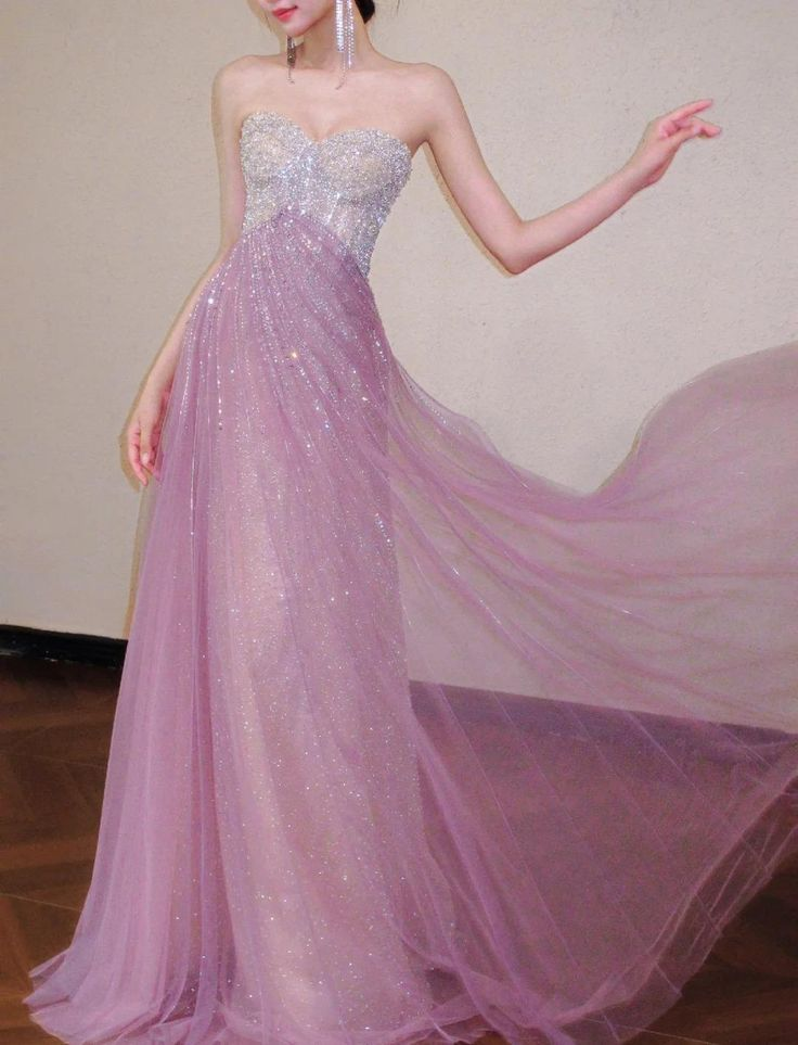 Glitter Strapless Pink Tulle Sequin A Line Long Party Dress Evening Gown D1579