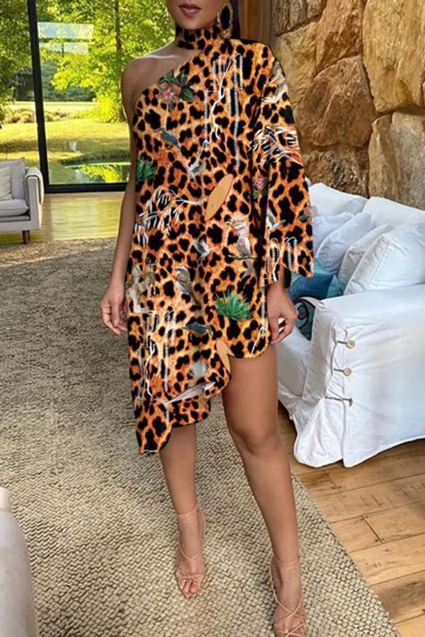 Asymmetrical Ruffled Sexy Elegant Print One-sleeve Dress  Fashionpara