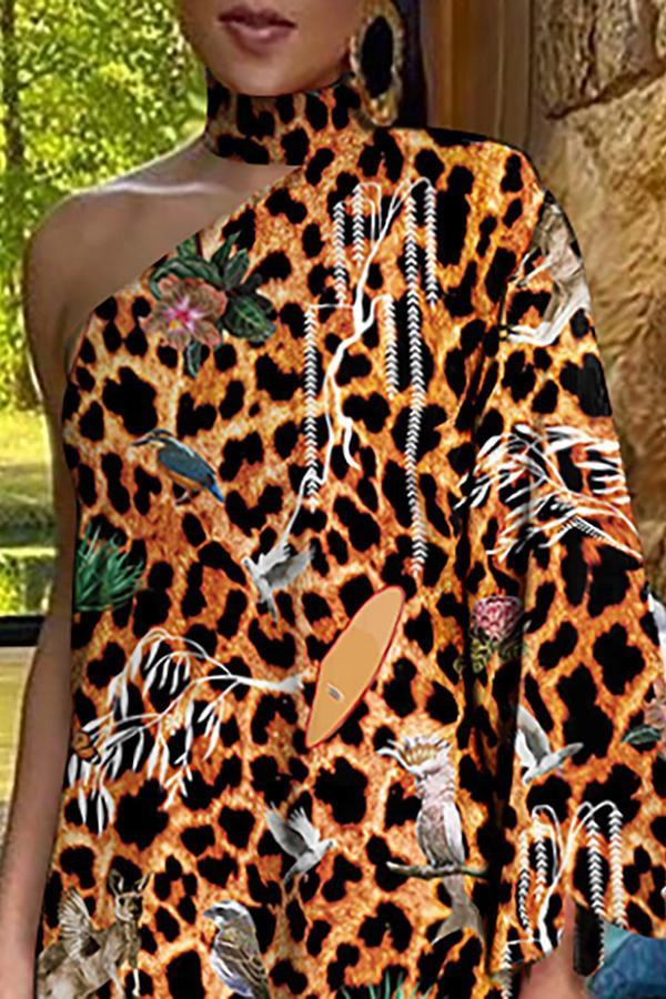 Asymmetrical Ruffled Sexy Elegant Print One-sleeve Dress  Fashionpara