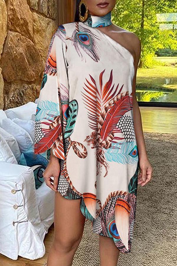 Asymmetrical Ruffled Sexy Elegant Print One-sleeve Dress  Fashionpara