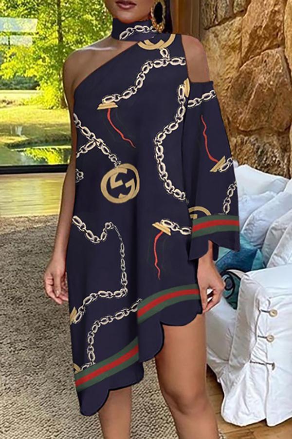 Asymmetrical Ruffled Sexy Elegant Print One-sleeve Dress  Fashionpara