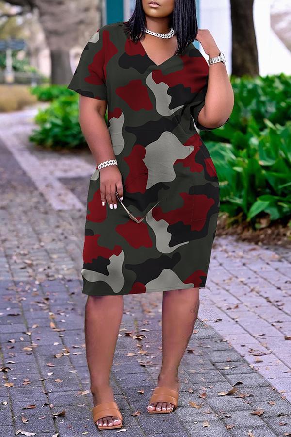 Loose Camouflage Print V-neck Casual Pocket Dress Fashionpara