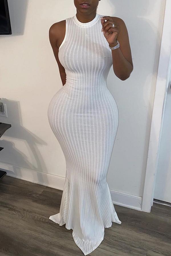 Elegant Fashion Solid Color Striped Fishtail Maxi Dress Fashionpara