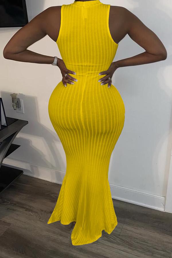 Elegant Fashion Solid Color Striped Fishtail Maxi Dress Fashionpara