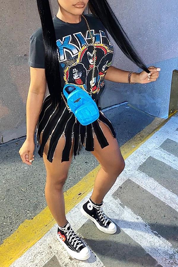 Fashion Casual Letter Cartoon Print Zipper Pleated Slit Dress Fashionpara