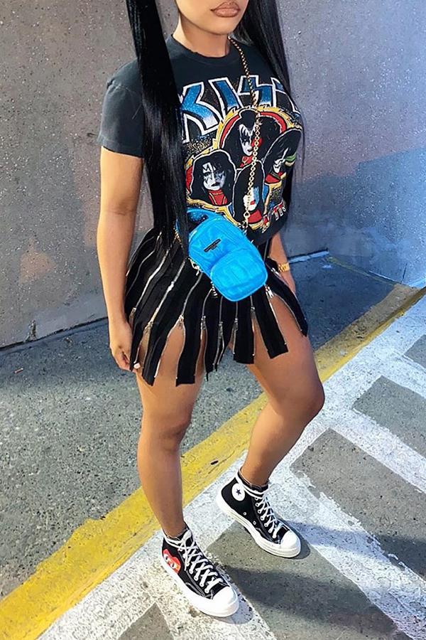 Fashion Casual Letter Cartoon Print Zipper Pleated Slit Dress Fashionpara