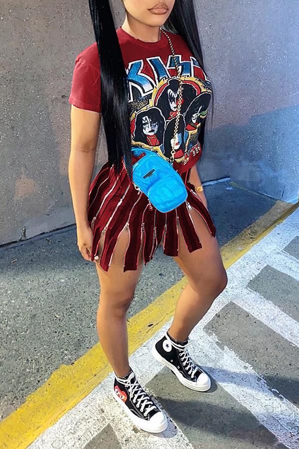 Fashion Casual Letter Cartoon Print Zipper Pleated Slit Dress Fashionpara