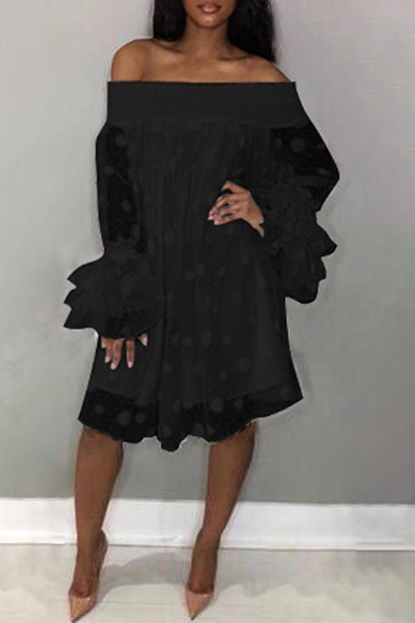 Casual Polka Dot Jacquard Layered Flared Sleeve Loose Midi Dress  Fashionpara