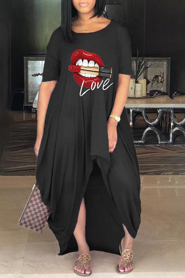 Fashion Casual Lip Print Slit Maxi Dress Fashionpara