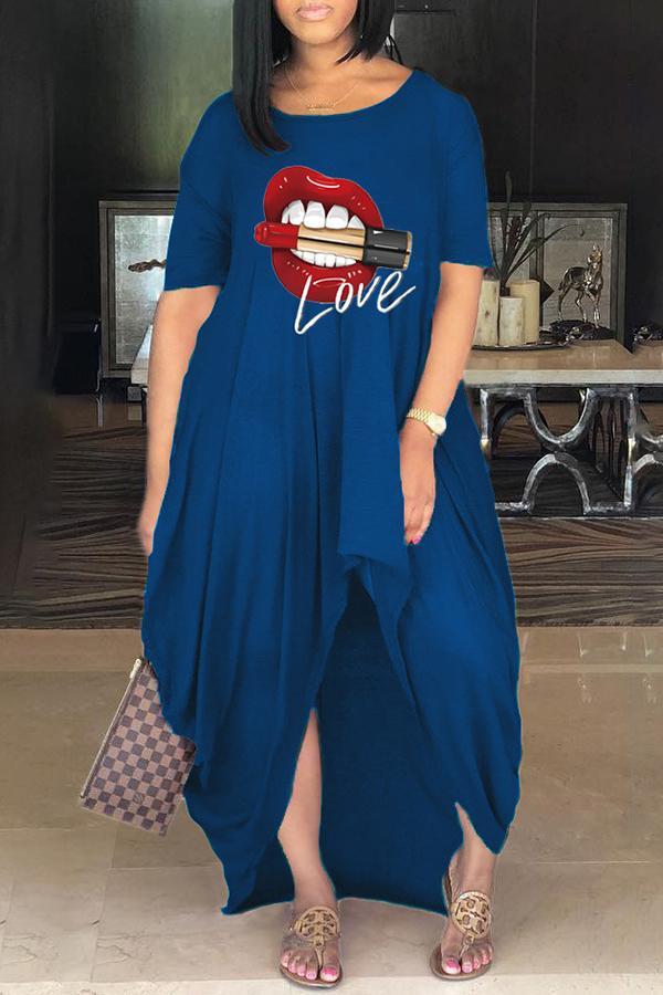 Fashion Casual Lip Print Slit Maxi Dress Fashionpara