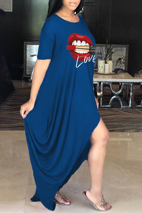 Fashion Casual Lip Print Slit Maxi Dress Fashionpara