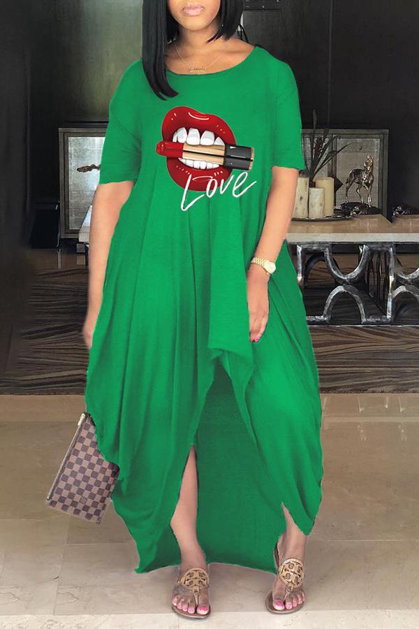 Fashion Casual Lip Print Slit Maxi Dress Fashionpara