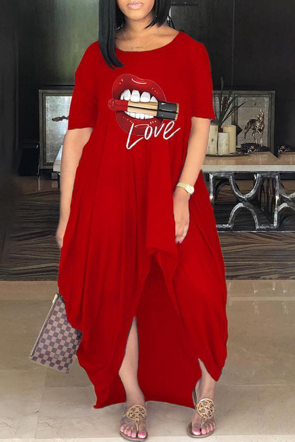 Fashion Casual Lip Print Slit Maxi Dress Fashionpara