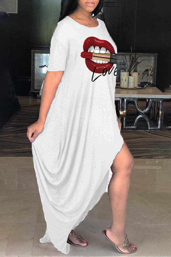 Fashion Casual Lip Print Slit Maxi Dress Fashionpara