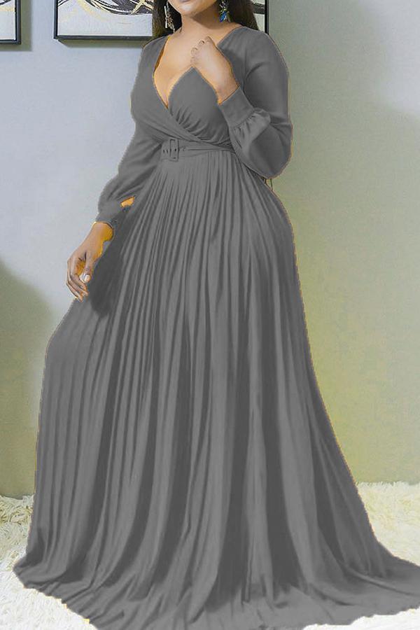 Cross V-neck Solid Color Pleated Maxi Dress (Plus Size) Fashionpara