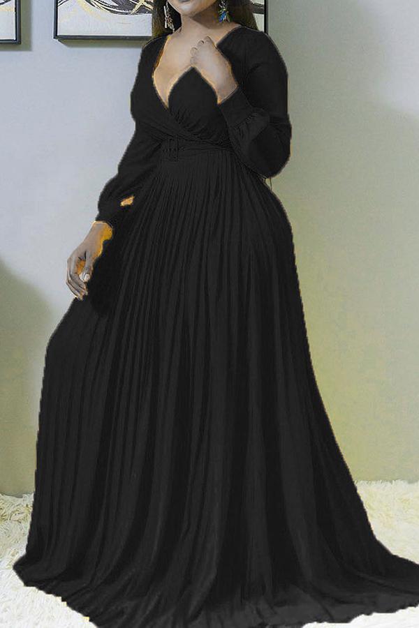 Cross V-neck Solid Color Pleated Maxi Dress (Plus Size) Fashionpara