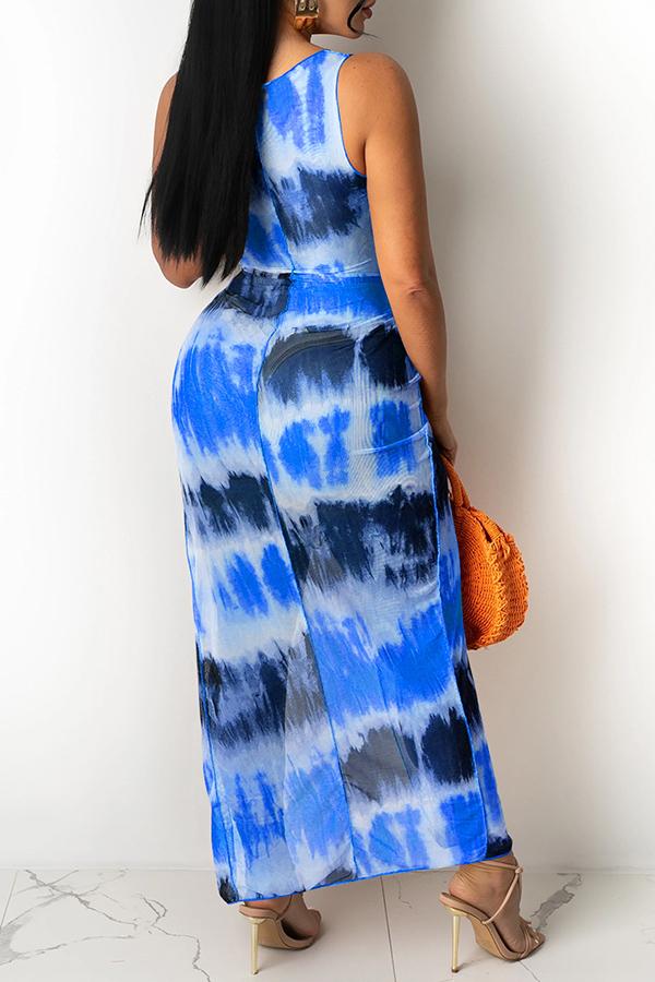 Fashion Tie-dye Mesh Irregular Hollow Knotted Maxi Dress Fashionpara