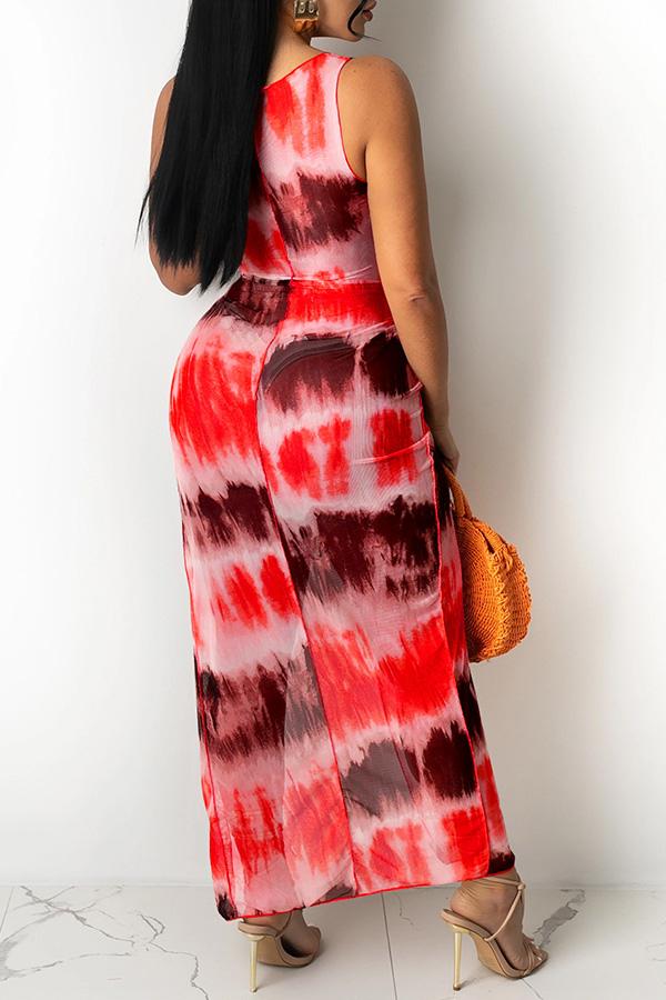 Fashion Tie-dye Mesh Irregular Hollow Knotted Maxi Dress Fashionpara