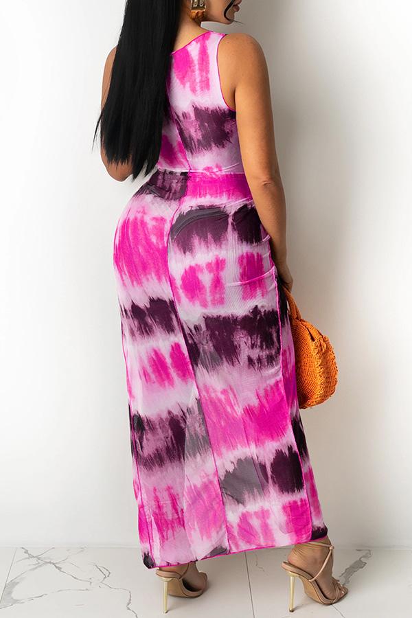 Fashion Tie-dye Mesh Irregular Hollow Knotted Maxi Dress Fashionpara