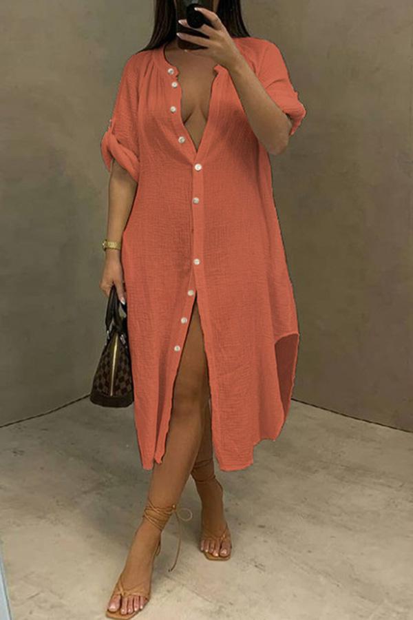 Fashion Casual Split Shirt Midi Dress  Fashionpara