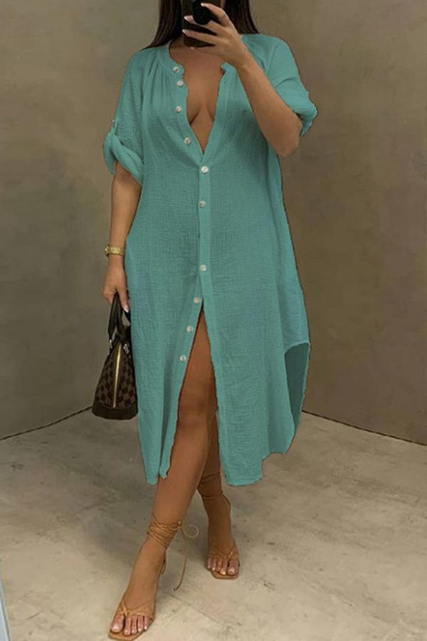 Fashion Casual Split Shirt Midi Dress  Fashionpara
