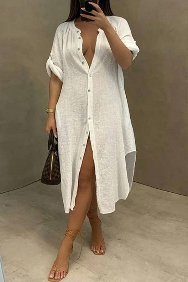 Fashion Casual Split Shirt Midi Dress  Fashionpara