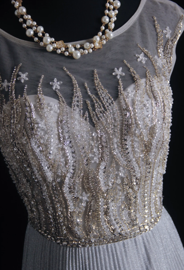 Pretty Gray Satin Pleated Sequin Beaded Long Wedding Guest Dress Party Dress D1685