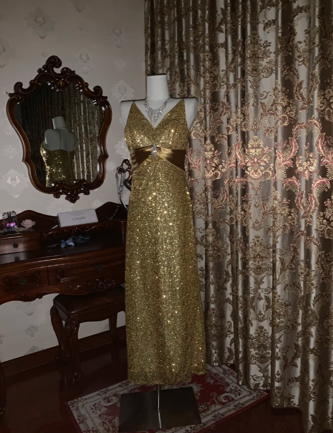 Glitter V Neck Sequin Beaded Gold Mermaid Party Dress Long Evening Dress D1725