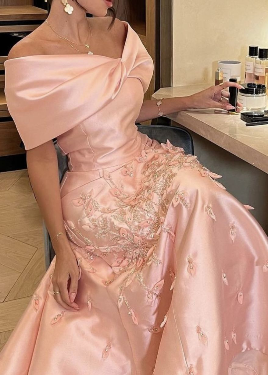 Chic Off The Shoulder Satin Beaded Appliques Pink Long Party Dress Evening Gown D1208