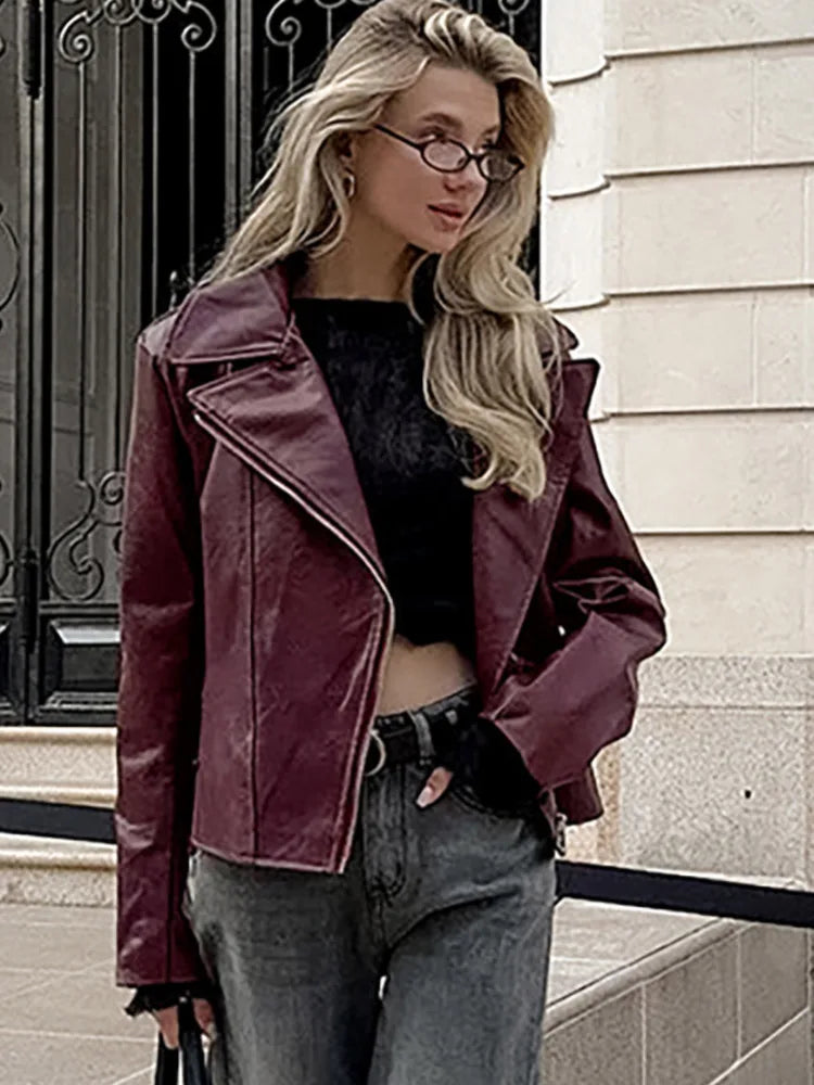 Red Turn-Down Collar PU Leather Coat 3