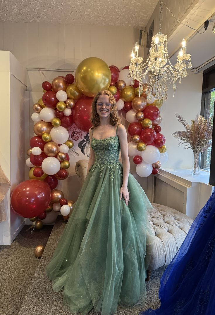 Pretty Spaghetti Straps Green Tulle Appliques Long Prom Dress Evening Gown D1189