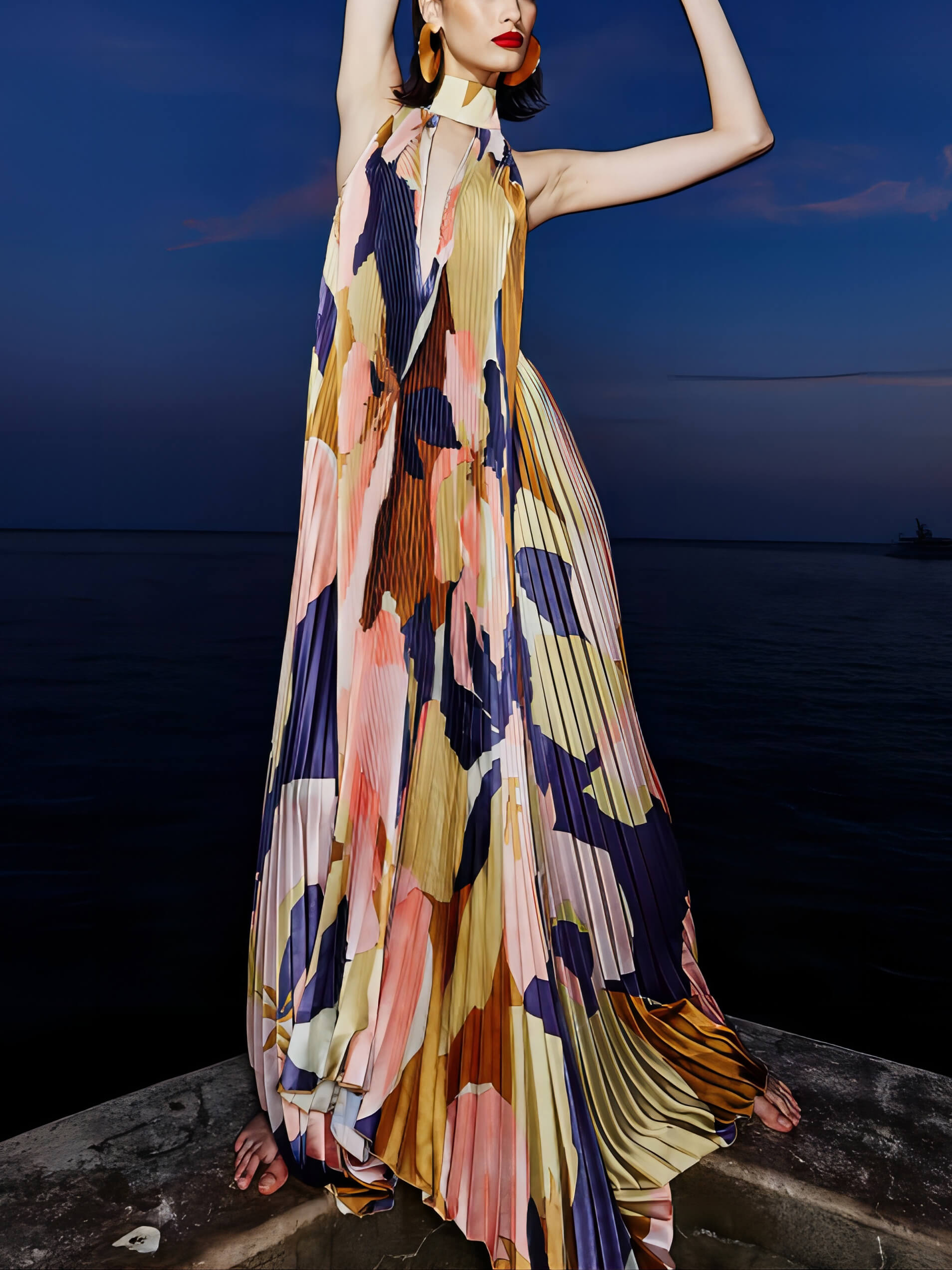 Stylish Pleated Halterneck Strappy Backless Midi Dress - Fashionpara