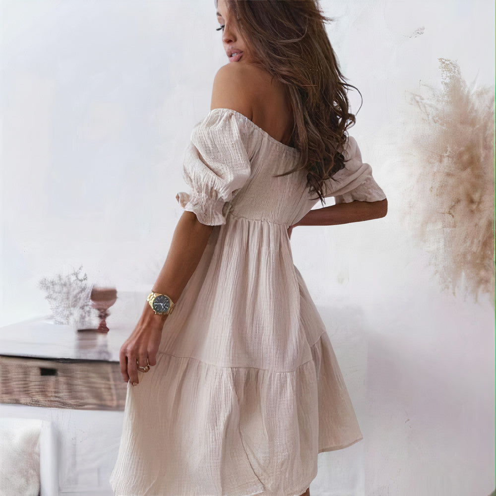 Off Shoulder Smocked Puff Sleeve Tiered Babydoll Mini Dress - View 2