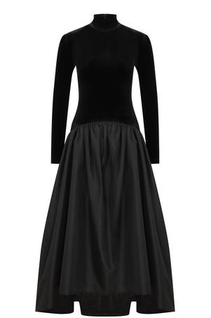 Velvet Mock Neck Long Sleeve Drop Waist Balloon Skirt Maxi Dress - View 4