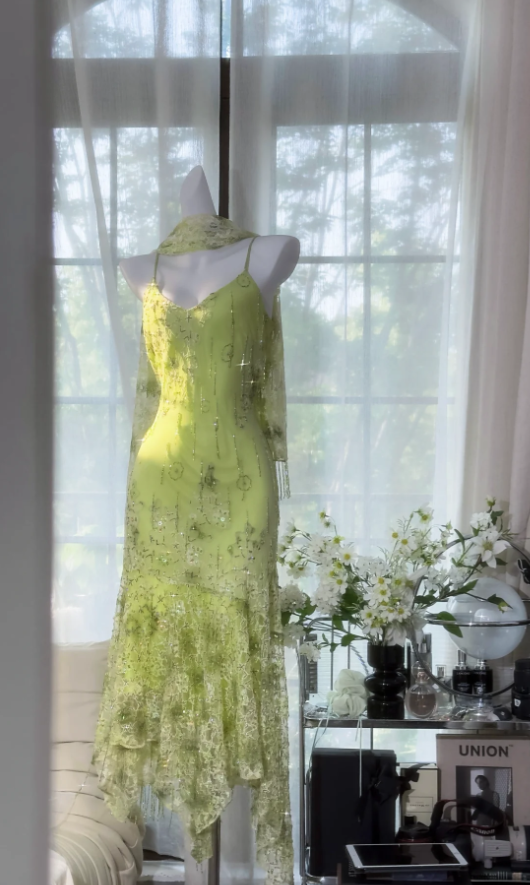 Classy Spaghetti Straps Light Green Chiffon Beaded Mermaid Evening Dress Long Party Dress D1377