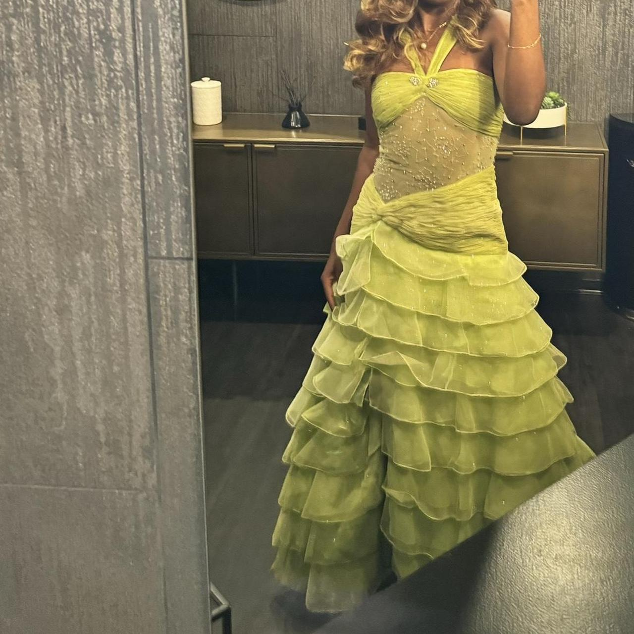 Chic Halter Lemon Green Beaded Tulle Ruffles Layered Slit Long Party Dress Mermaid Evening Gown D1282