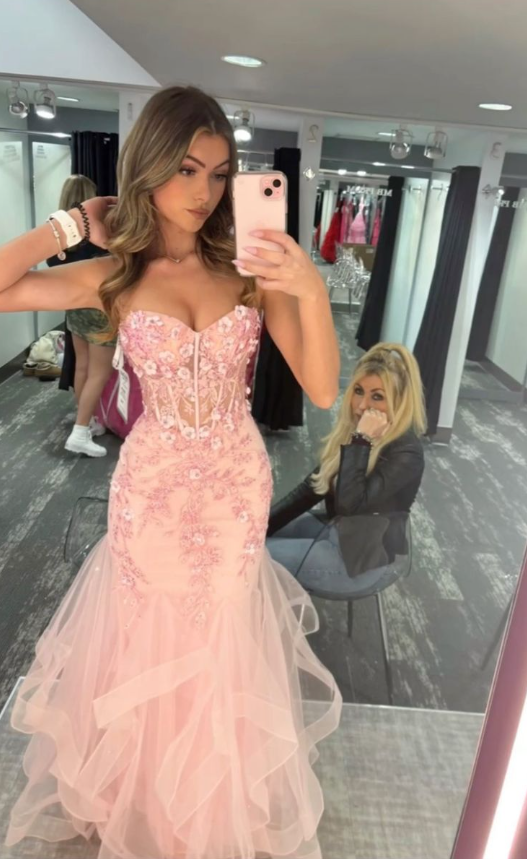 Pretty Strapless Pink Tulle Appliques Beaded Mermaid Party Dress Long Evening Gown D1576