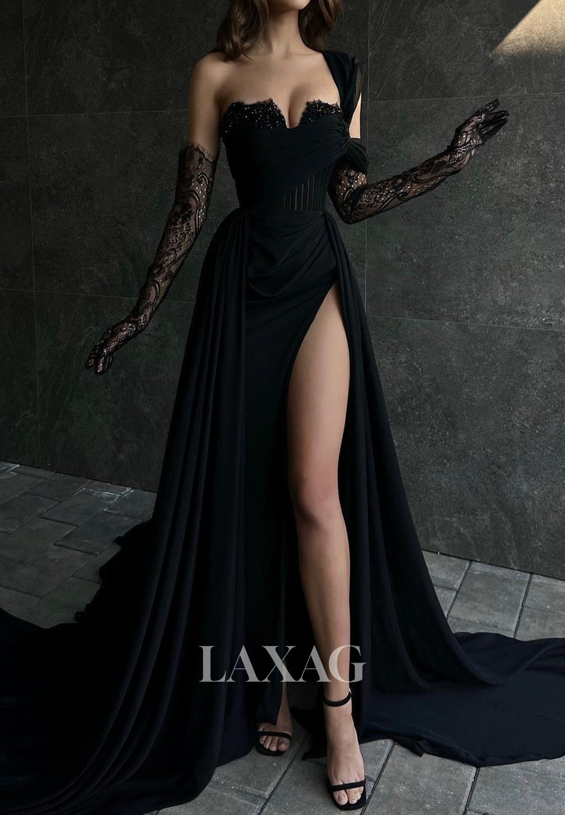 One-Strap Off-Shoulder Sleeveless Party Gowns Beaded Sweetheart Pleated A-Line Prom Dress with Slit