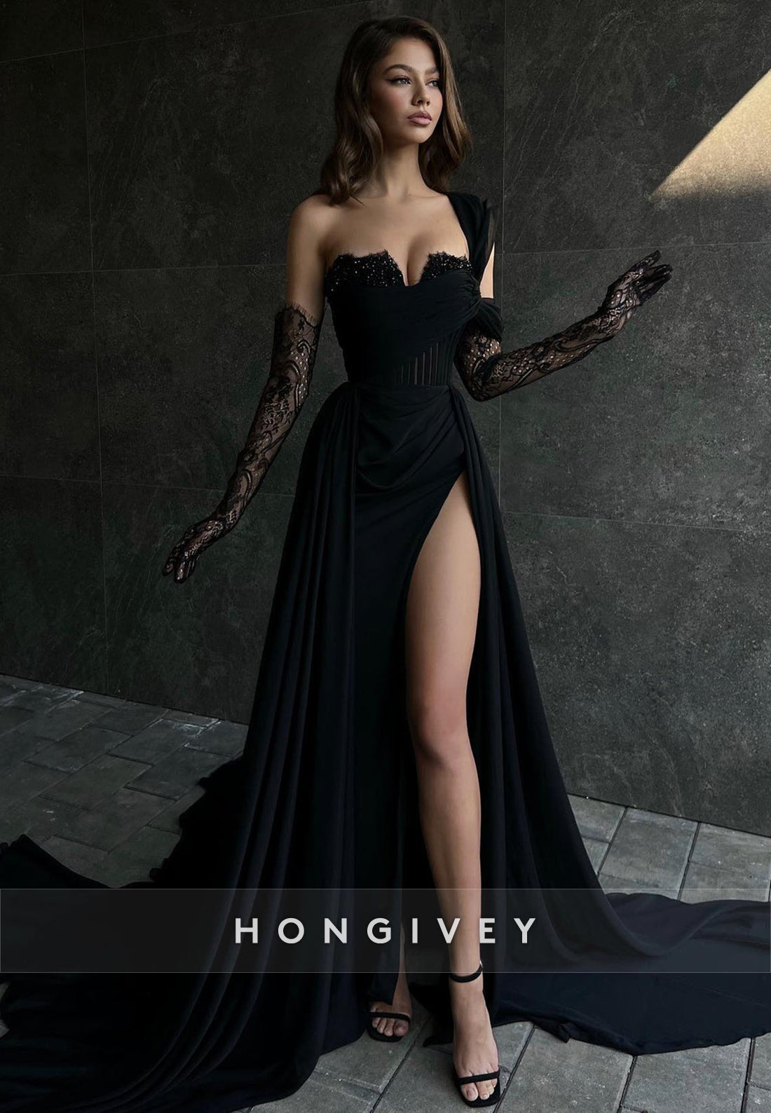 Sexy Illusion Asymmetrical Lace Sleeves With Train and High Slit Party Prom Formal Evening Dress
