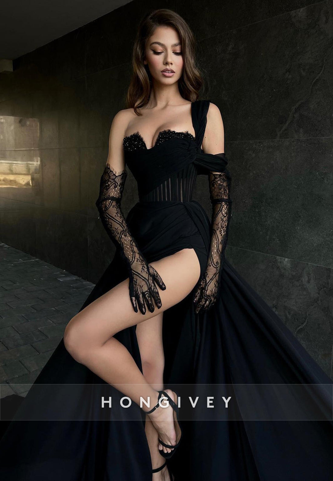 Sexy Illusion Asymmetrical Lace Sleeves With Train and High Slit Party Prom Formal Evening Dress